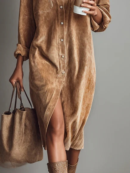 Midi Dress with Front Button Closure and Long Sleeves for Women