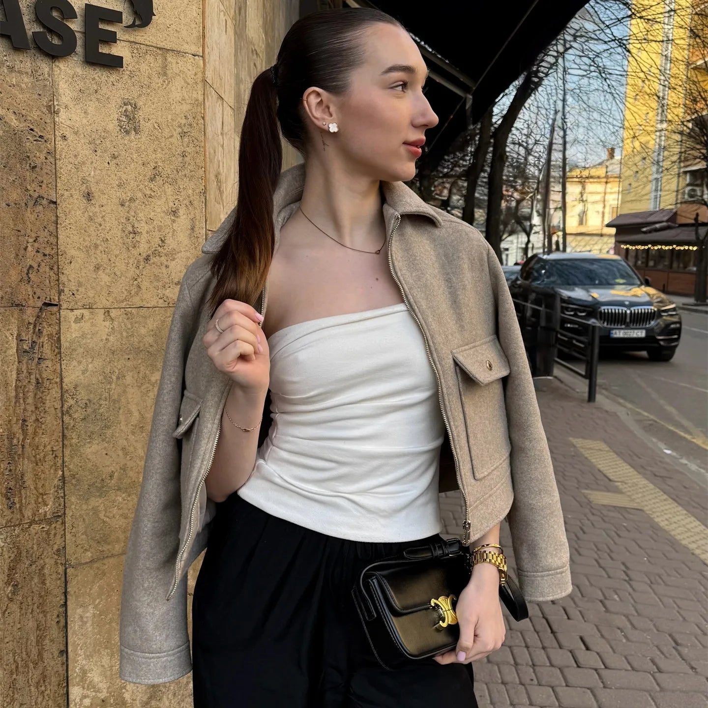 Cropped Bomber Jacket with Zipper for Women