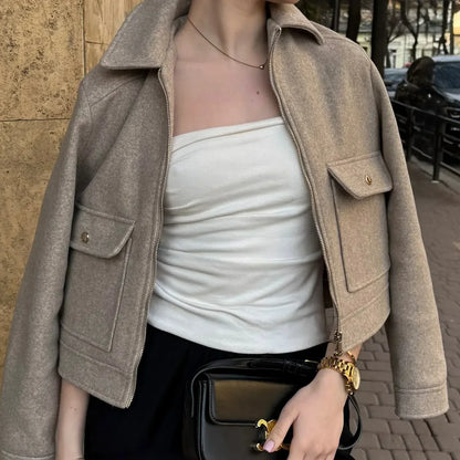 Cropped Bomber Jacket with Zipper for Women