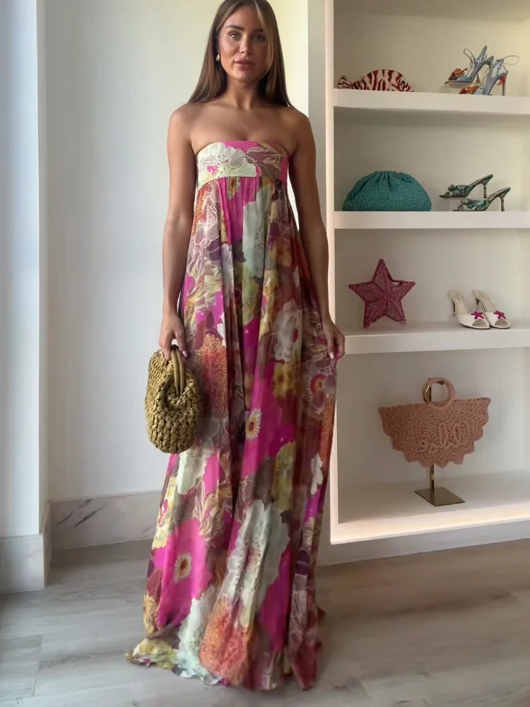 Strapless Floral Maxi Dress for Wedding Guests for Women