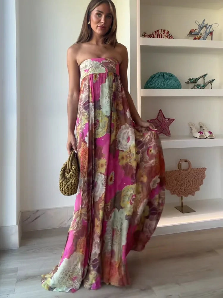 Strapless Floral Maxi Dress for Wedding Guests for Women
