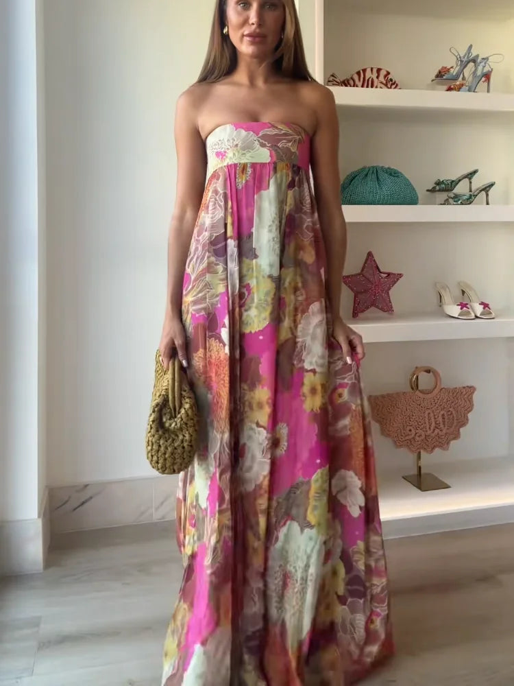 Strapless Floral Maxi Dress for Wedding Guests for Women