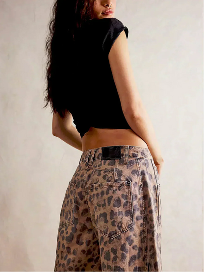 Leopard Print Jeans with Wide Legs for Women