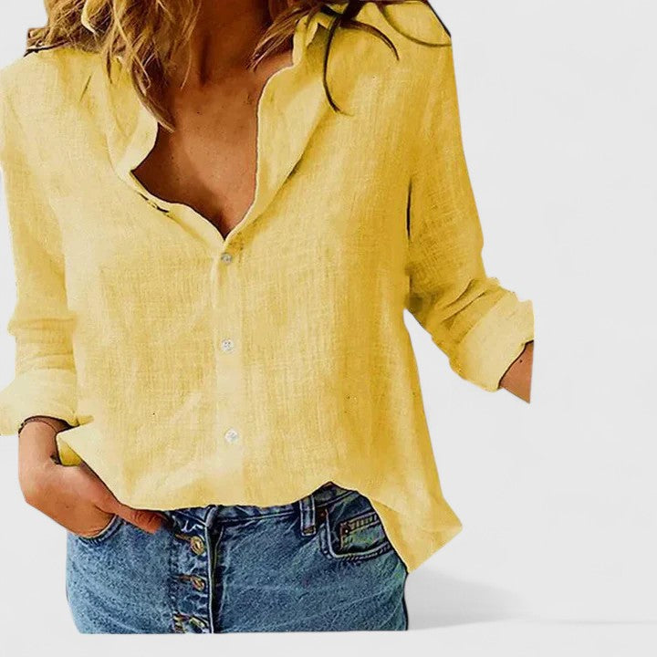 Linen Blouse with V-Neck and Button Closure for Women